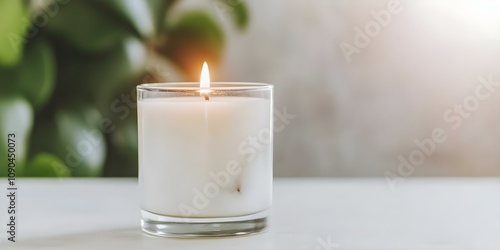 A lit candle in a glass holder, set against a blurred background with green foliage. Concept Candlelight Aesthetics, Glass Holder Design, Nature-Inspired Photography, Soft Focus Effects photo