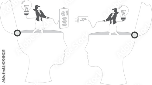 Two businesswomen holding huge wired power plugs and sockets are ready to make connections of ideas, Brainstorming concepts