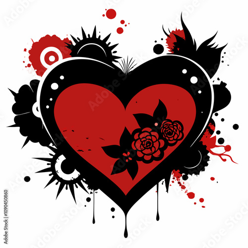 Grunge Valentine's design, distressed hearts, bold splashes, rough textures, faded florals, edgy red and black tones