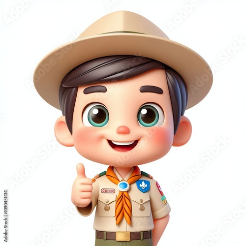 A cheerful 3D rendered cartoon boy scout with dark hair, wearing a khaki uniform and neckerchief