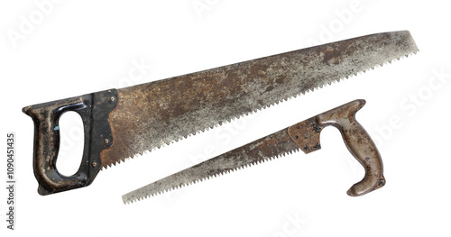 Old rusty dirty saw and hacksaw damaged teeth white background