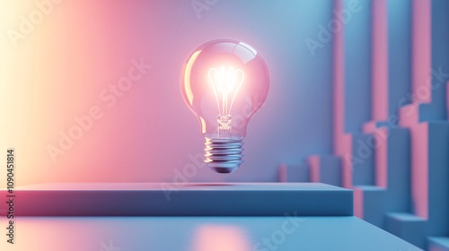 Innovative Business Idea: 3D Lightbulb on Minimalist Platform with Glowing Lines in Clean Background