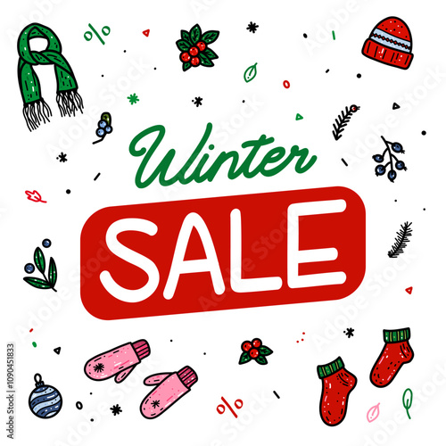 Vector illustration hand drawn winter white background with lettering Winter Sale for Christmas, cards, banner, poster, prints, greeting card