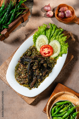 Fried eel with green chili sauce or belut goreng cabe ijo photo