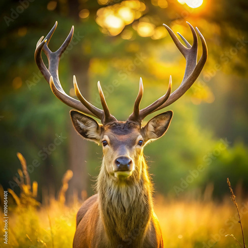 A sunlit red deer stag with newly growing antlers