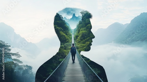 The Path Within: A double exposure image of a man walking a path, symbolizing inner journey and self-discovery, set against a dramatic mountain landscape.  