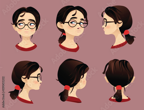 A little cute face girl poses. a series of images of a woman wearing glasses vector Background 