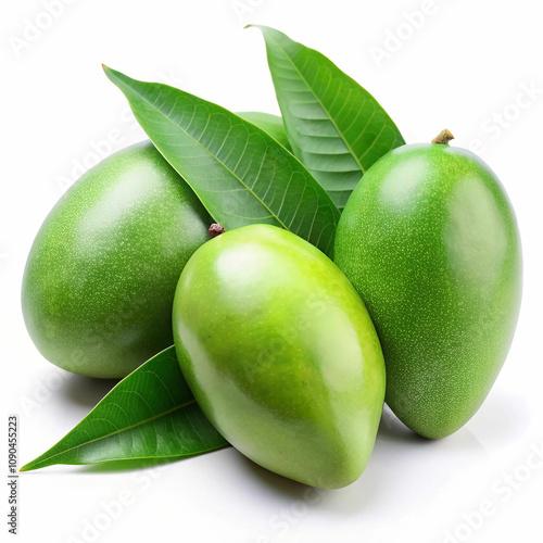 Wallpaper Mural Fresh green mangoes arranged neatly on vibrant mango leaves Torontodigital.ca