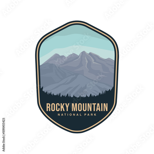Rocky Mountain National Park logo patch badge illustration, beautiful river lake mountain scenery patch design