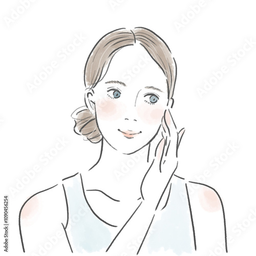 顔に手を当ててスキンケアをしている笑顔の若い女性