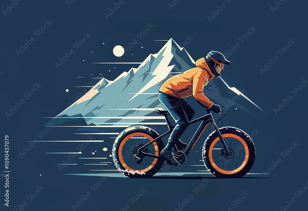 Fototapeta premium stylized abstract image of a cyclist on a fat bike in winter, vector emblem. Generative AI