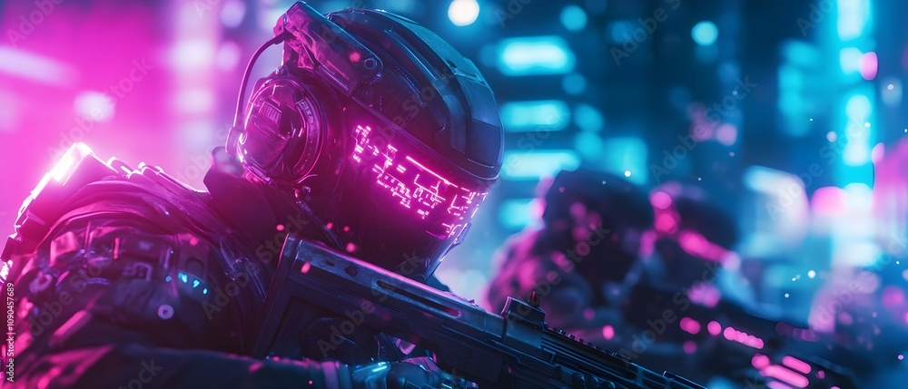 A futuristic soldier in a neon-lit environment, wearing a high-tech helmet with glowing details and holding a weapon. Concept Futuristic Soldier Design, Neon-Lit Environment, High-Tech Gear A futuristic soldier in a neon-lit environment, wearing a high-tech helmet with glowing details and holding a weapon. Concept Futuristic Soldier Design, Neon-Lit Environment, High-Tech Gear