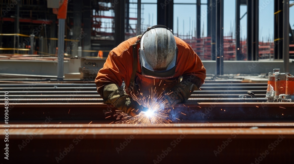 A welder in protective gear welding metal beams at a commercial building construction site, with welding sparks and architectural plans visible, Commercial steel welding scene A welder in protective gear welding metal beams at a commercial building construction site, with welding sparks and architectural plans visible, Commercial steel welding scene