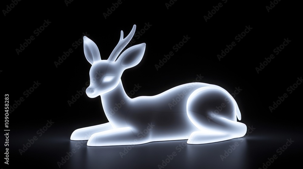 A glowing, stylized deer figure rests on a dark background, emphasizing its elegant form. A glowing, stylized deer figure rests on a dark background, emphasizing its elegant form.