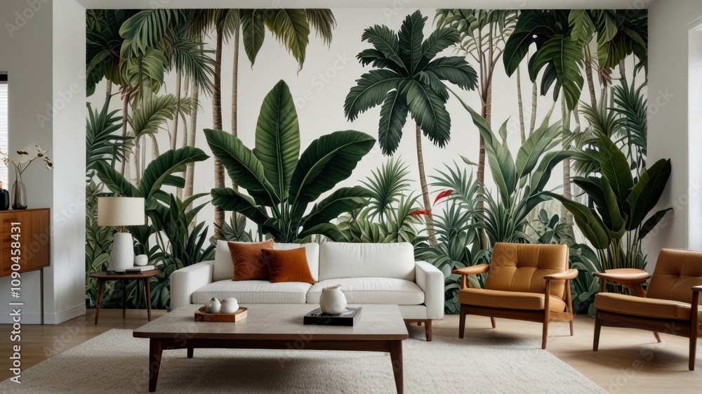 Fototapeta premium Lush tropical jungle mural in a modern living room.