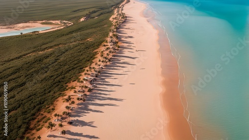 Aerial view of cable beach in broome camel caravan on golden sands by turquoise ocean waters, Ai Generated