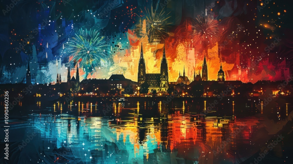 Fototapeta premium Vibrant city skyline with fireworks reflected in water at night.