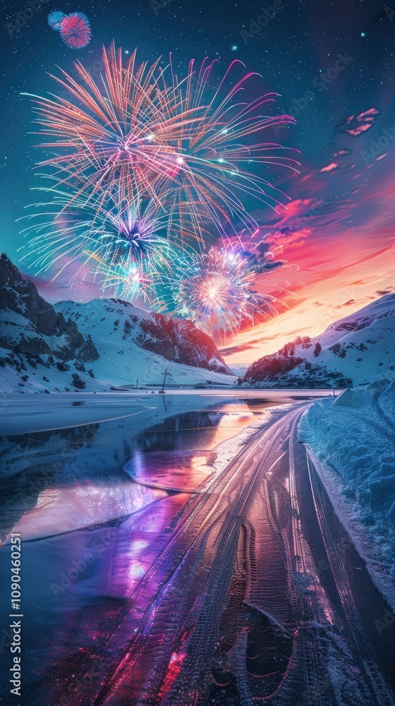 Fototapeta premium A colorful firework display illuminates the night sky over a snowy landscape, with a frozen lake reflecting the light.