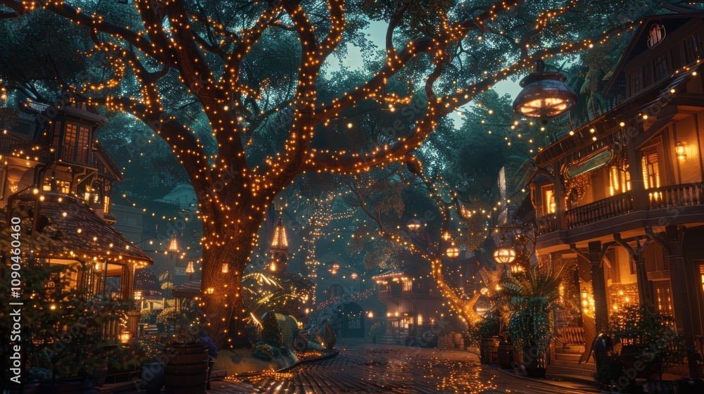 Fototapeta premium Enchanted evening street adorned with glowing lights and trees.