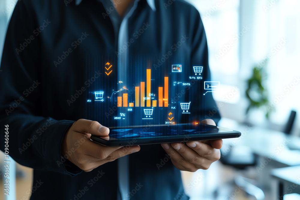 A person holding a tablet displaying a digital bar graph with shopping cart icons, representing e-commerce data analysis and online sales growth in a modern business environment.