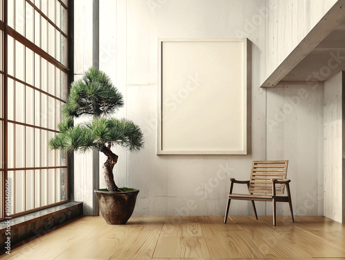 Minimalist Frame in Japanese Room Style: Front angle view, white A3 size minimalist photo frame, mounted on a wall in an Japanese inspired style room photo