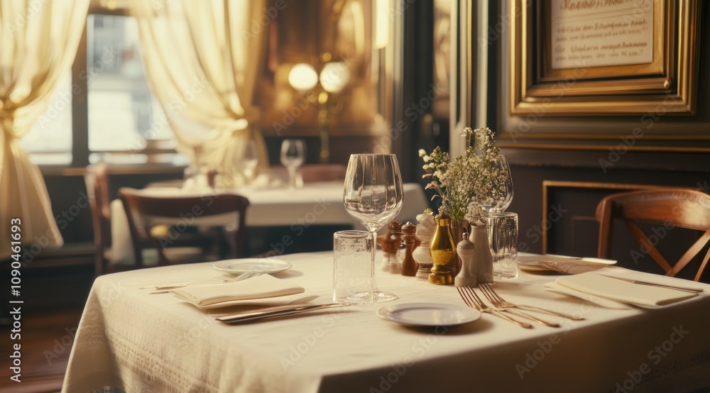 A cozy restaurant table set for dining, featuring elegant decor and natural light. A cozy restaurant table set for dining, featuring elegant decor and natural light.