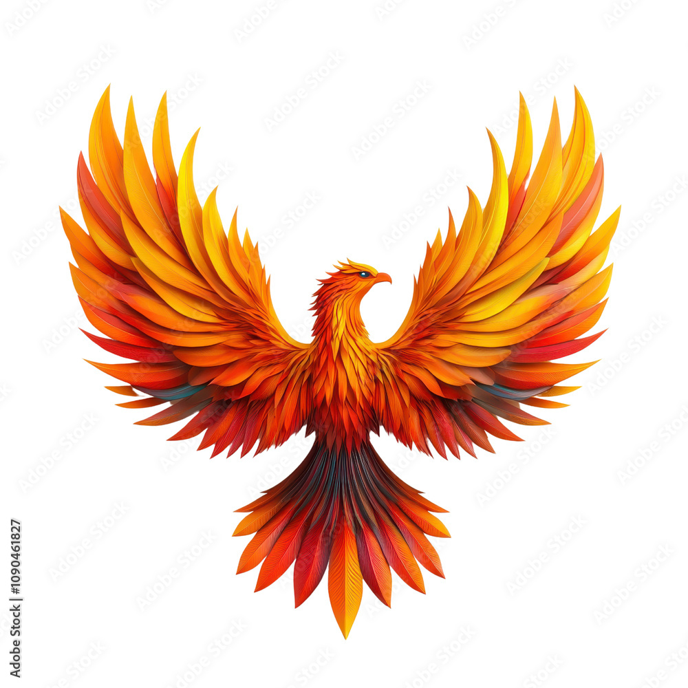 Obraz premium Majestic Phoenix with Vibrant Orange and Yellow Feathers, Symbolizing Rebirth, Strength, and Transformation, Isolated on a Clean Background for Artistic and Inspirational Use