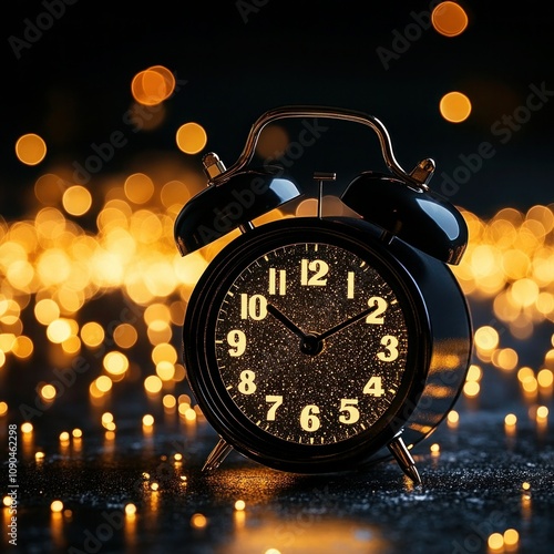 New Year's Eve Countdown: Midnight Alarm Clock on Bokeh Lights Background with Copy Space photo