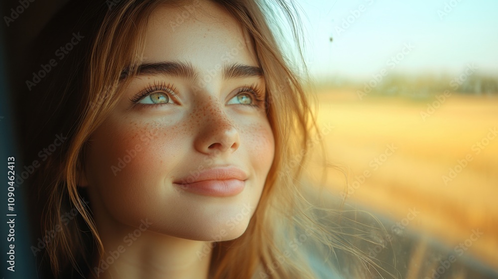 Freckled young woman with relaxed gaze, looking out window, natural beauty, close-up portrait, soft expression, gentle smile, serene, light background, peaceful mood Freckled young woman with relaxed gaze, looking out window, natural beauty, close-up portrait, soft expression, gentle smile, serene, light background, peaceful mood