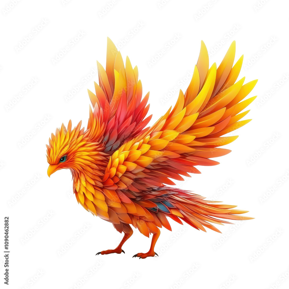 Fototapeta premium Vibrant and Colorful Phoenix Illustration with Fiery Feathers in Dynamic Pose, Perfect for Representing Renewal, Transformation, and Mythical Symbolism in Art Projects