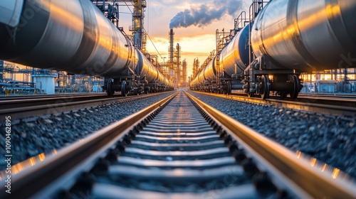 A low-angle view of railroad tracks with a train of tanker cars in the background, with an oil refinery in the distance and the setting sun behind it.