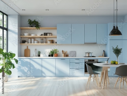 Modern Light Blue Kitchen With Wooden Accents and Plants photo