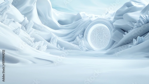 A surreal icy landscape featuring abstract, snow-covered formations surrounding a mysterious circular portal photo