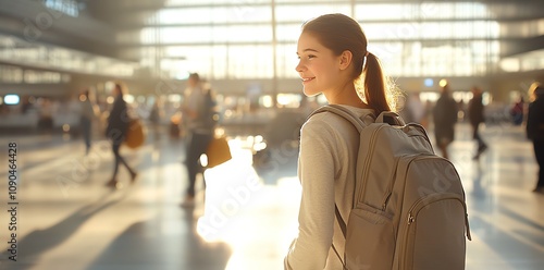 A traveler confidently explores a bustling airport, surrounded by busy commuters. Light filters in, creating a warm atmosphere as she embarks on her journey. photo