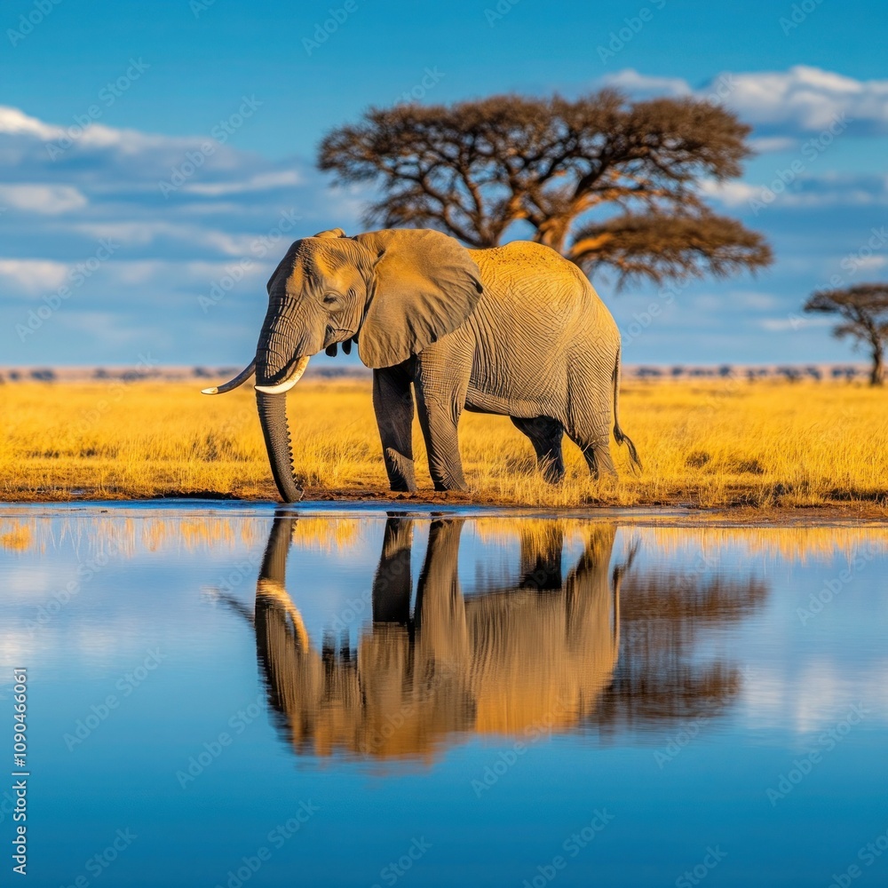 Obraz premium Solitary Elephant Quenching Thirst at Namibia Waterhole - African Wildlife Safari