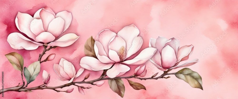 Obraz premium Watercolor magnolia flowers on branches with leaves on a pink gradient background.