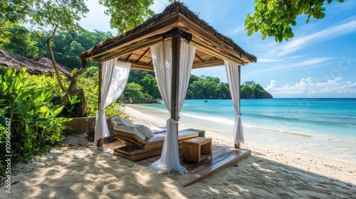 Wallpaper Mural A white canopy bed with white pillows and a wooden table on a white sandy beach with turquoise water in the background. Torontodigital.ca