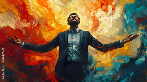 A Man in a Suit Standing with Arms Outstretched Against an Abstract  Orange and Blue Background in an Oil Painting Style.