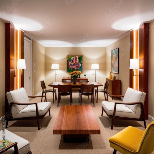 Wallpaper Mural Mid-century modern dining and living room with wooden furniture, white armchairs, and artwork. Torontodigital.ca