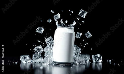 Wallpaper Mural blank can surrounded by ice cubes and splashing water, creating refreshing scene. Perfect for beverage mockups and advertising Torontodigital.ca