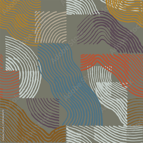 seamless Japanese colorful abstract simple hand drawn brush line organic pattern, crafted freeform minimal graphic, ink, weaving, basketry, block print, sculpting style experimental curve line 