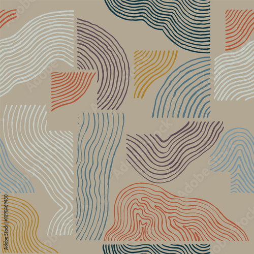 seamless Japanese colorful abstract simple hand drawn brush line organic pattern, crafted freeform minimal graphic, ink, weaving, basketry, block print, sculpting style experimental curve line 