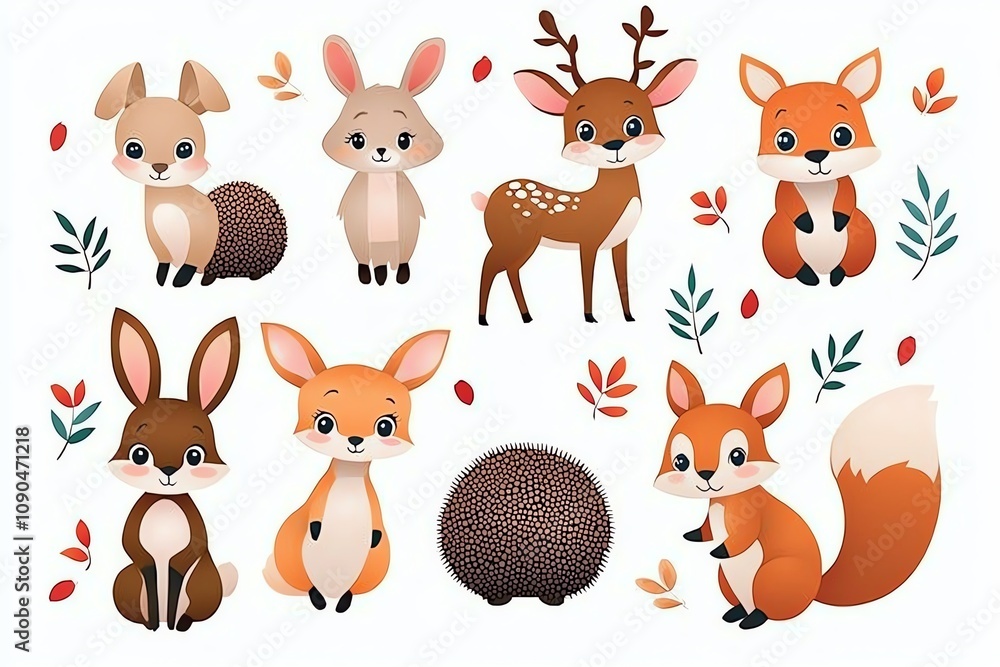 Fototapeta premium Charming cartoon forest animals including foxes, rabbits, deer, and hedgehogs with whimsical autumn leaves. Perfect for children's illustrations and storytelling projects.