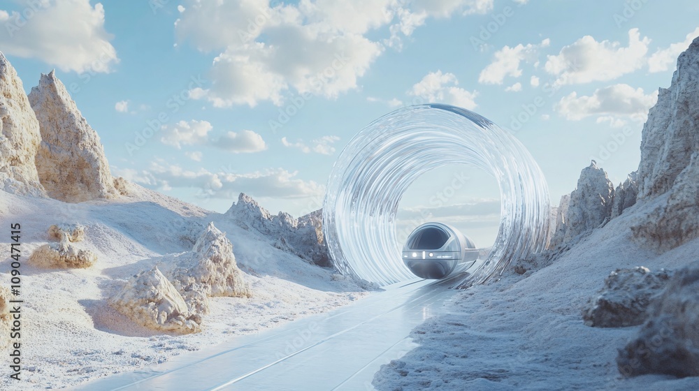 Obraz premium Futuristic Hyperloop Pod in Transparent Tunnel amidst Abstract Landscapes - Concept of High-Tech Transportation Innovation