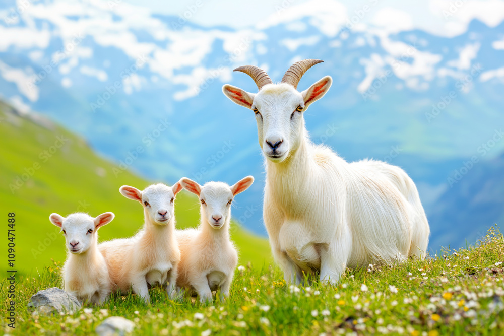 Obraz premium Goat with her playful kids frolicking on vibrant green grass in a picturesque mountain landscape during a sunny day