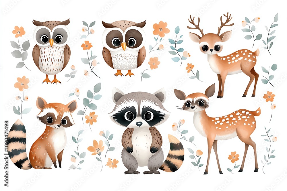 Fototapeta premium Charming woodland creatures set featuring owls, raccoons, and deer with delicate floral accents, perfect for whimsical designs and nature-inspired projects.
