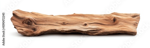 Close-up of a natural wooden log with textured, weathered surface, isolated on white. Ideal for themes related to nature, sustainability, and organic textures. photo