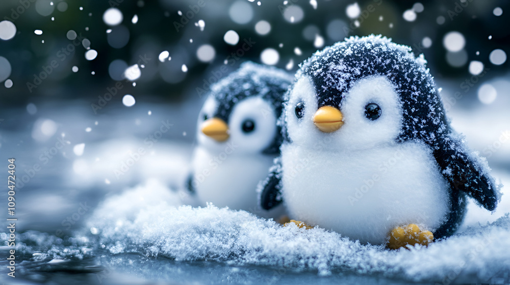 Obraz premium Woolen penguins sliding on a tiny frozen pond soft snow falling around them creative photography copy space
