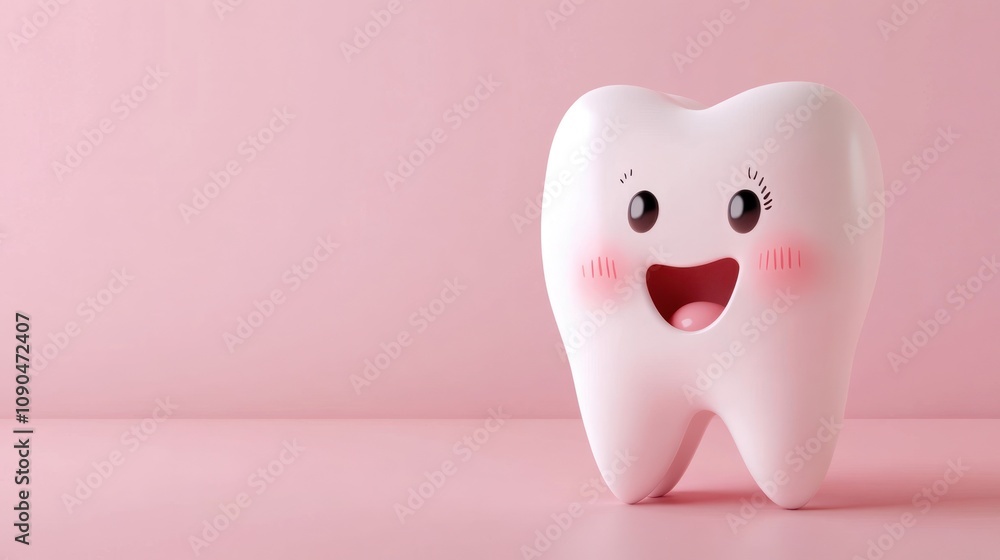 A cartoon tooth with a happy expression on a pink background, with copy space. A cartoon tooth with a happy expression on a pink background, with copy space.