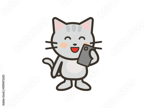 楽しそうに笑顔でスマホを見るかわいいねこちゃんのイラスト